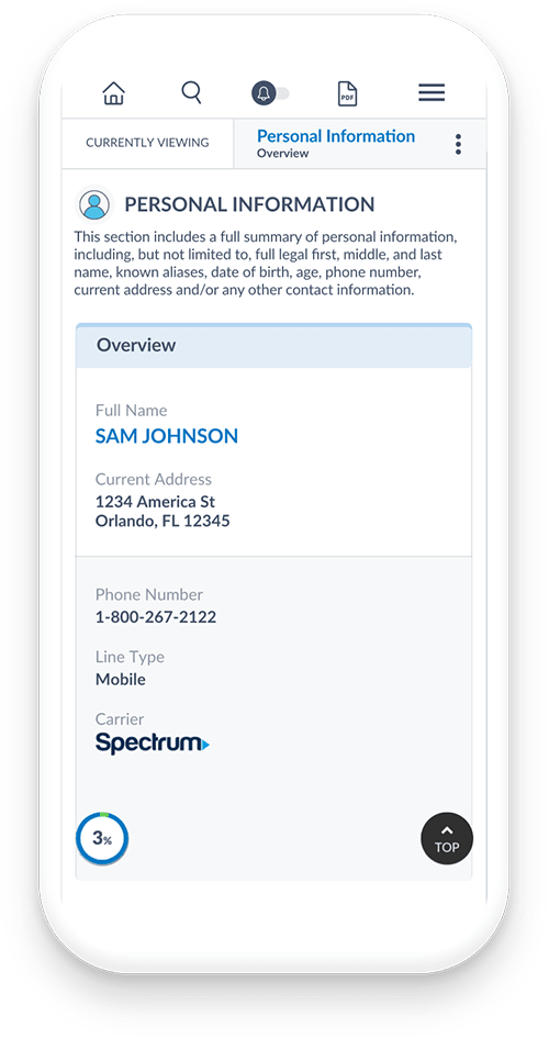 Mobile phone device displaying mobile user interface showing mockup of Personal Information about Sam Johnson, their current address, phone number, line type, and mobile carrier.